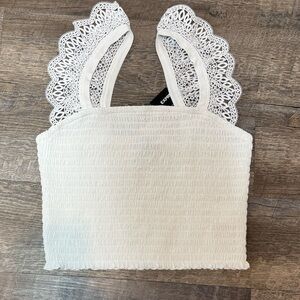 Express Summer White Crochet Smocked Crop Top Lace  Women’s SZ M